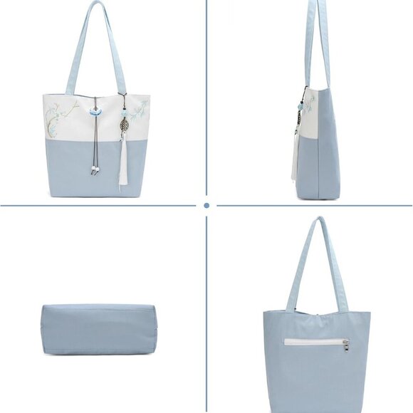 Elegant Vintage Silk Pattern Shoulder Handbag Tote Bag with Pendant and Tassels - Picture 2 of 8